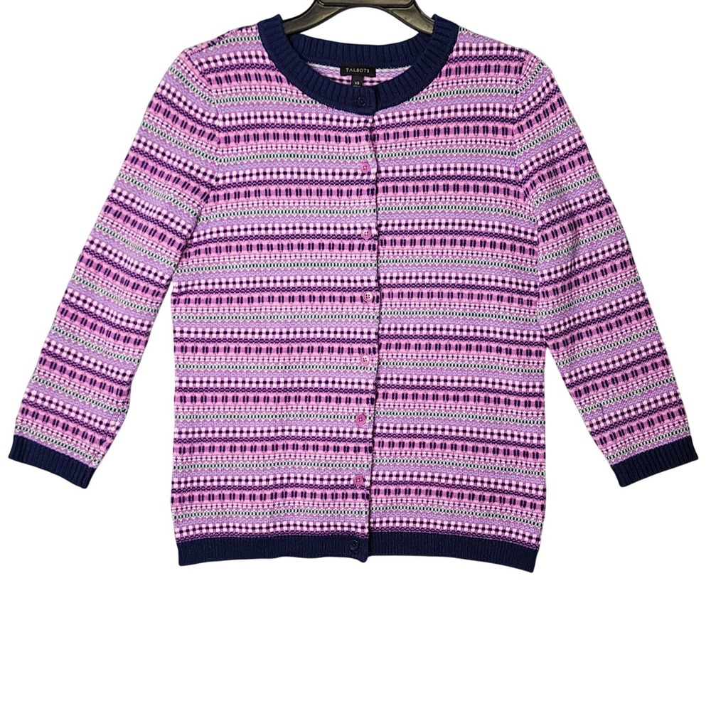Talbots Cardigan Sweater Womens XS Pink Purple Fair Isle Lambswool Blend Classic